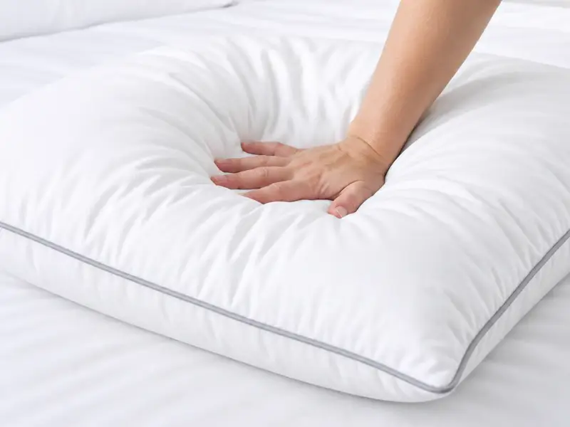 Hand pressing into a fluffy white pillow
