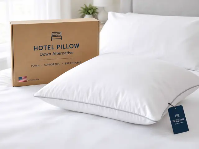 White FluffCo hotel pillow with piping next to its kraft Hotel Pillow box