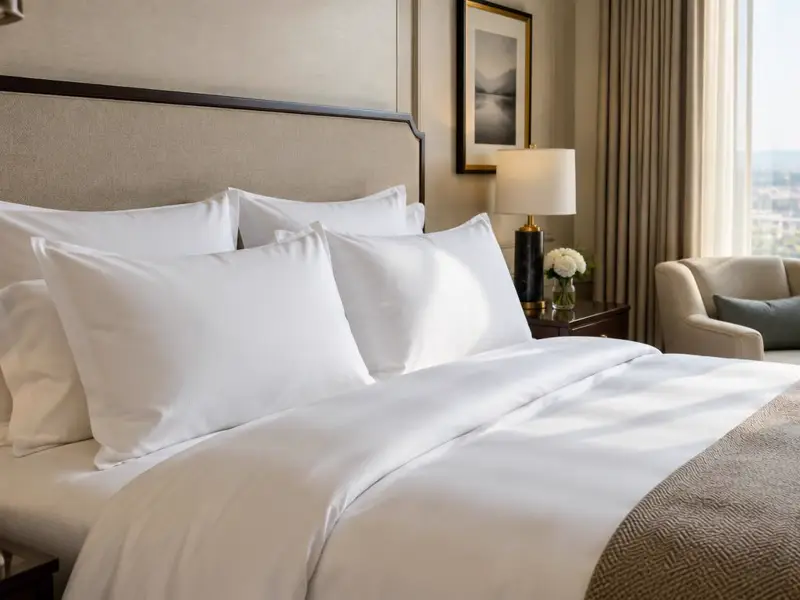 Crisp hotel bed with fluffy pillows